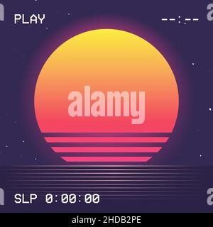 80er `s Retro-Sonnenuntergang im VHS-Stil. RetroWave, futuristischer Synthesizer-Hintergrund mit VCR-Elementen. Template-Design für Cyber- oder Sci-Fi-Abstract-Konzept. Stock Vektor
